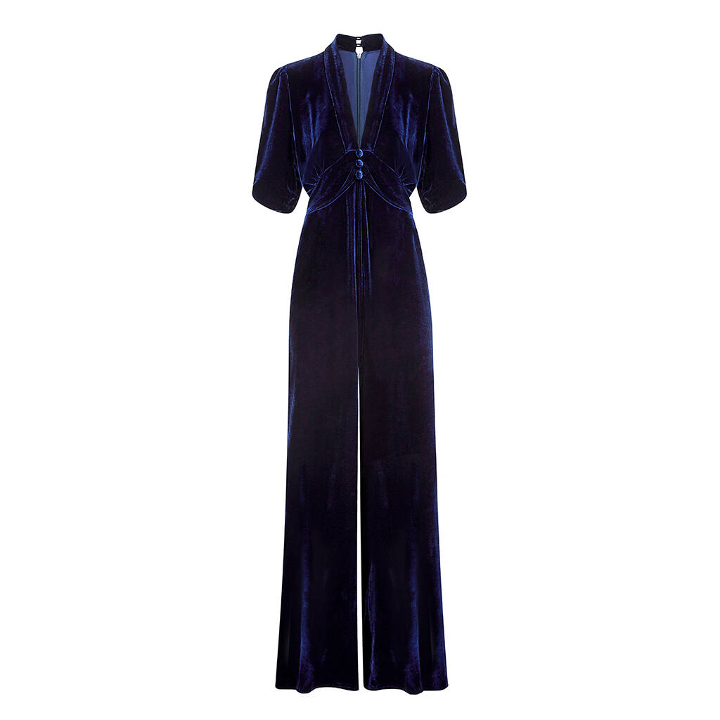 Midnight Blue Retro Style Jumpsuit In Silk Velvet By Nancy Mac