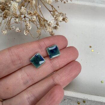 Green Blue Crackle Glaze Ceramic Square Studs, 2 of 9