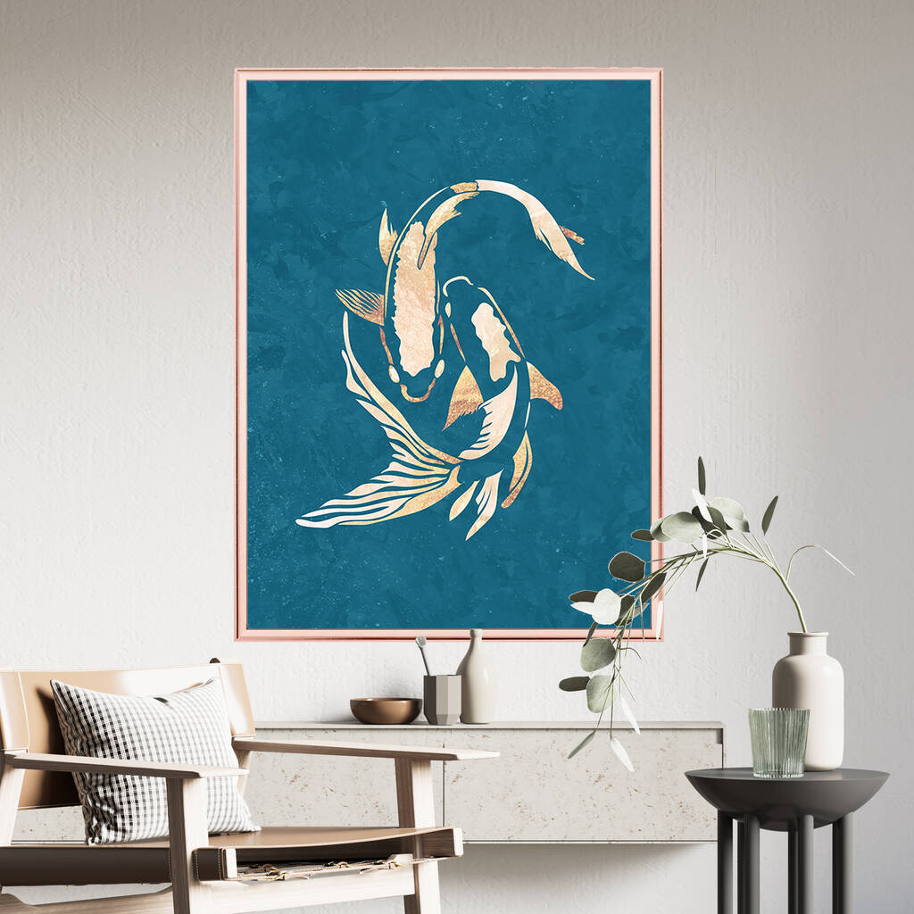 Gold Blue Koi Fish Wall Art Print Original Artwork, 1 of 7