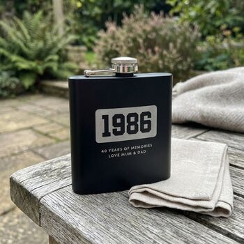 Personalised Engraved Black Metal Hip Flask 6oz For Milestone Birthday / Anniversary, 3 of 11