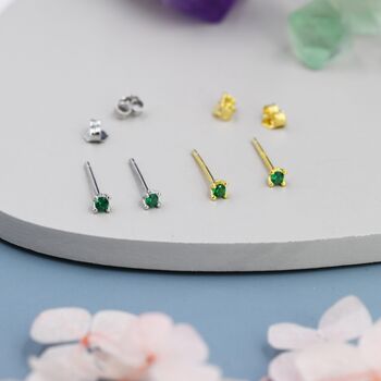 Sterling Silver Extra Tiny 2mm Emerald Green Cz Stud Earrings, 2 of 12