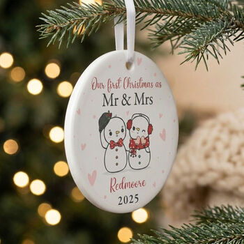 Couples Snowman Ceramic Disc Hanging Decoration Bauble + Gift Box, 2 of 9