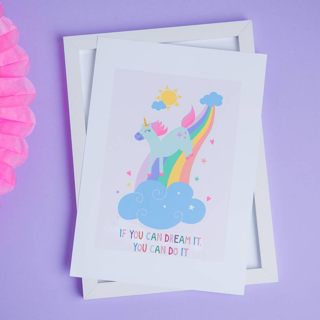 Pastel Unicorn And Rainbow Themed Nursery Bedroom Print, 1 of 5