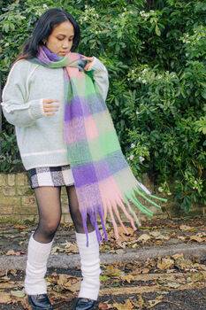 Purple Green Pink Plaid Warm Wrap Scarf, 4 of 7