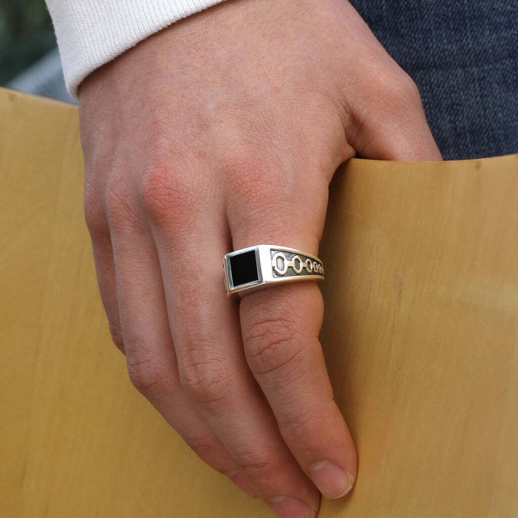 Mens Personalised Silver And Semi Precious Onyx Ring, 1 of 5