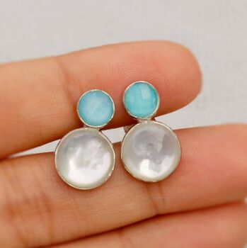 Aqua Chalcedony, Moonstone Silver Stud Earrings, 2 of 5