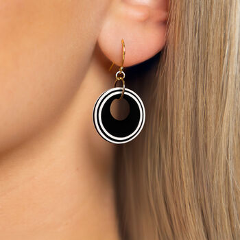 Black And Pearlescent White Circular Earrings • Gold Plated Sterling Silver Hooks, 2 of 9