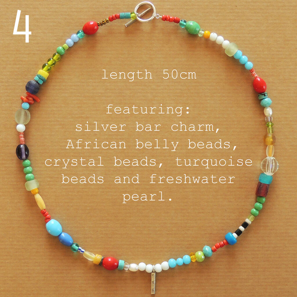 Beaded Necklace Featuring A Silver Bar Charm By Kali Stileman