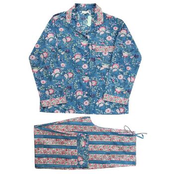 Block Printed Inky Blue And Pink Floral Stripe Cotton Pyjamas, 4 of 4