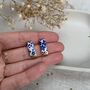 Blue And Gold Flower Print Ceramic Bar Stud Earrings, Minimalist Rectangular Studs, thumbnail 3 of 8