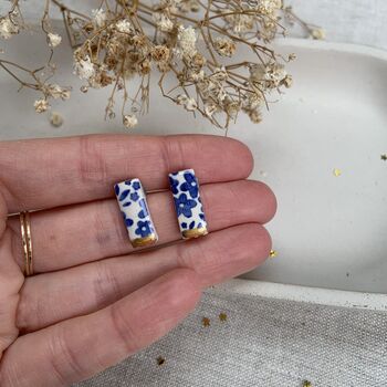 Blue And Gold Flower Print Ceramic Bar Stud Earrings, Minimalist Rectangular Studs, 3 of 8