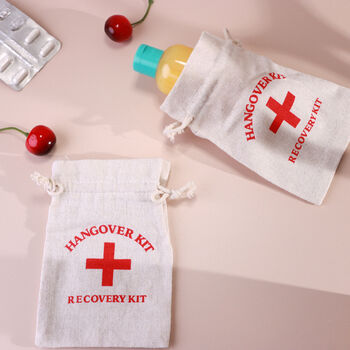 G Decor Set Of Two Hangover Kit Bags Linen Party Recovery Pouches With Red Cross Design, 6 of 7