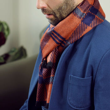 Men's Personalised Bold Orange Blue Check Scarf, 6 of 10