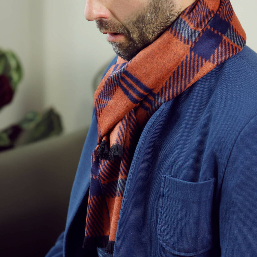 Men's Personalised Bold Orange Blue Check Scarf, 1 of 11