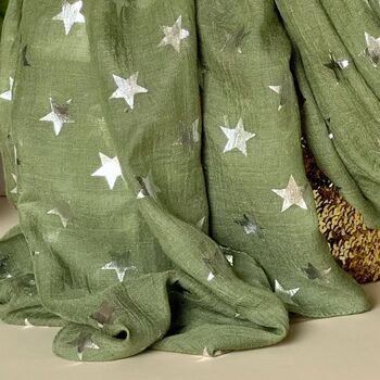 Silver Glitter Stars Scarf In Olive Green, 3 of 4
