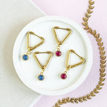 Triangle Huggie Earrings With Birthstone Detail, 6 of 12