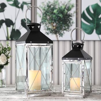 Set Of Two Black Silver Stainless Steel Candle Lanterns, 2 of 6