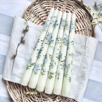 Hand Painted Delicate Blue Wildflower Taper Candles, 9 of 10