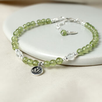 Peridot And Lotus Sterling Silver Bracelet, Natural Gemstone August Birthstone Gift, 2 of 5
