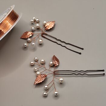 Copper Leaf Hair Pin With Pearls Perfect For Weddings, 3 of 10