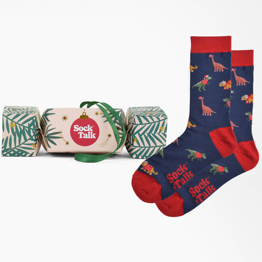 Festive Dinosaurs Bamboo Socks Men's Christmas Cracker Hanging Tree Decoration, 1 of 5