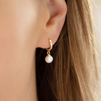 Yellow Gold Plated Round Pearl Huggie Hoop Earrings, 4 of 7