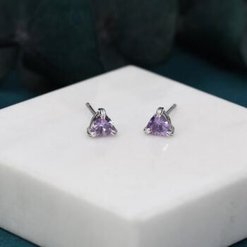 Sterling Silver Tiny Trillion Cut Amethyst Purple Cz Stud Earrings, 3 of 11