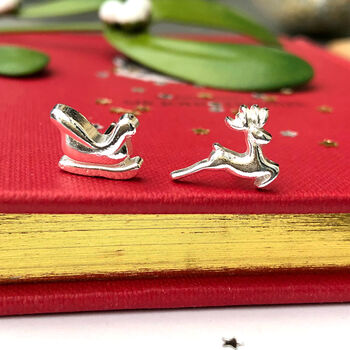 Mismatched Reindeer And Santa Sleigh Christmas Earrings, 2 of 11
