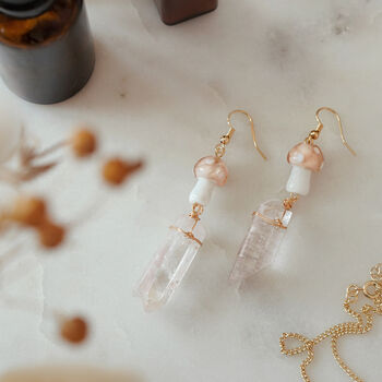 Gold Plate Peach Mushroom And Raw Quartz Earrings, 2 of 5