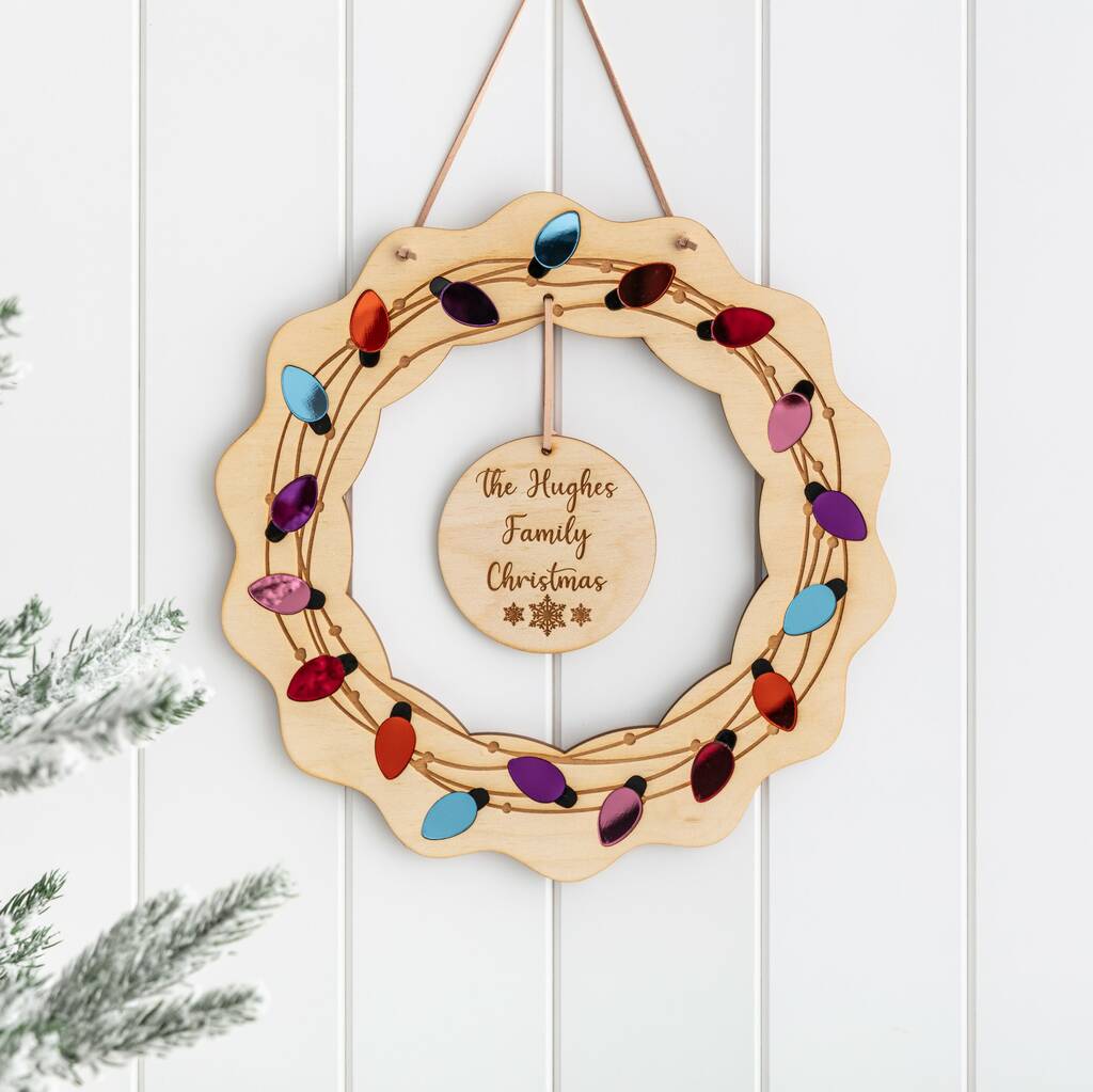 Personalised Wooden Christmas Wreath Fairy Light Design, 1 of 3