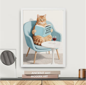 Your Own Cat Reading Book Wall Art Print | Customise Colours And Book Title, 2 of 4