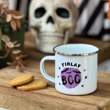 Personalised Boo! Halloween Enamel Mug, 2 of 11