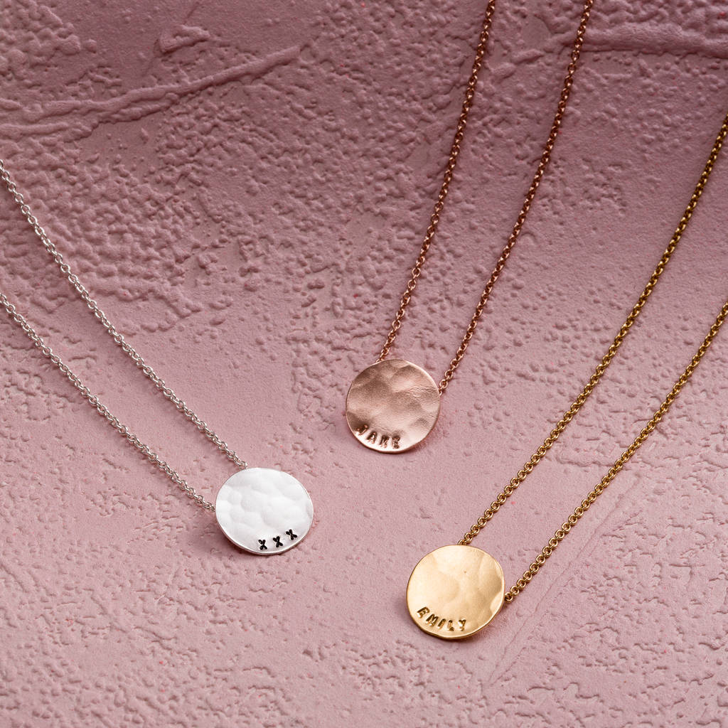 personalised small hammered disc necklace by posh totty designs