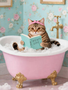 Your Own 'Cat In The Bath Reading' Wall Art Print | Customise The Cat And The Book Title, 6 of 8