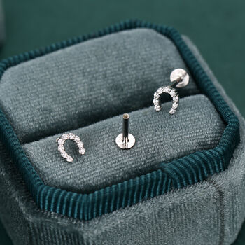 Sterling Silver Cz Horseshoe 16 G Flat Back Labret Earrings, 5 of 12