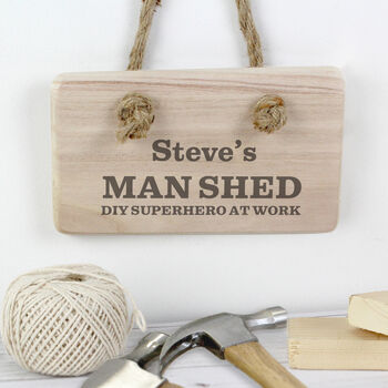 Personalised Man Shed Diy Superhero Hanging Wooden Sign, 2 of 3
