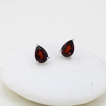 Sterling Silver Genuine Garnet Droplet Stud Earrings, 5 of 10