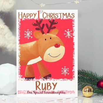 Personalised Reindeer Baby 1st Christmas Card, 6 of 11