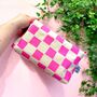 Handprinted Boxy Pouch Pink Checkered Pattern On Natural Canvas, thumbnail 2 of 4