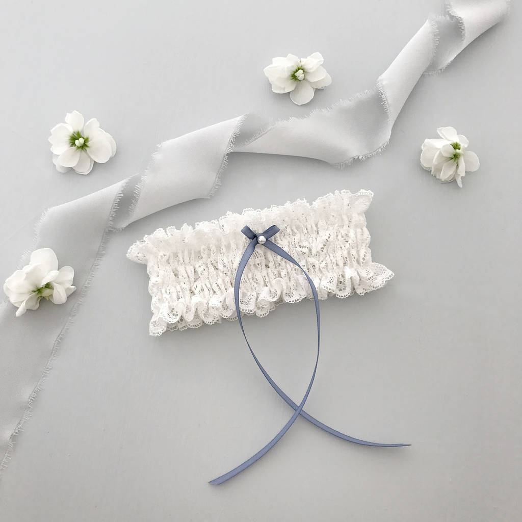 Lace Wedding Garter With Something Blue Bow, 1 of 8
