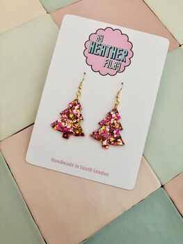 Pink And Gold Christmas Tree Glitter Resin Earrings / Pink Christmas Jewellery / Christmas Gift / Bold Sparkly Pink Holiday Accessory, 5 of 12