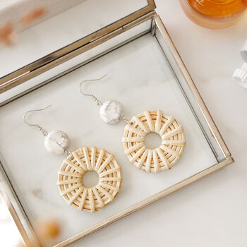 925 Silver Howlite Cream Circle Rattan Earrings, 4 of 5