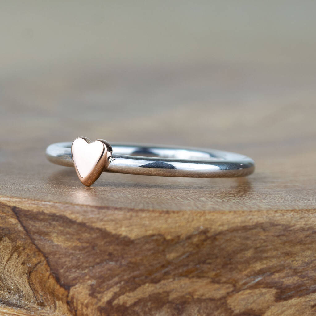 Handmade Silver And Solid Rose Gold Heart Ring, 1 of 6