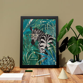 Zebra In The Gold And Green Jungle Leaves Art Print, 2 of 4