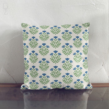Blue Floral Block Print Chenille Cushion Cover, 8 of 12