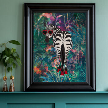 Zebra In Heels In Tropical Flower Jungle Wall Art Print, 5 of 6