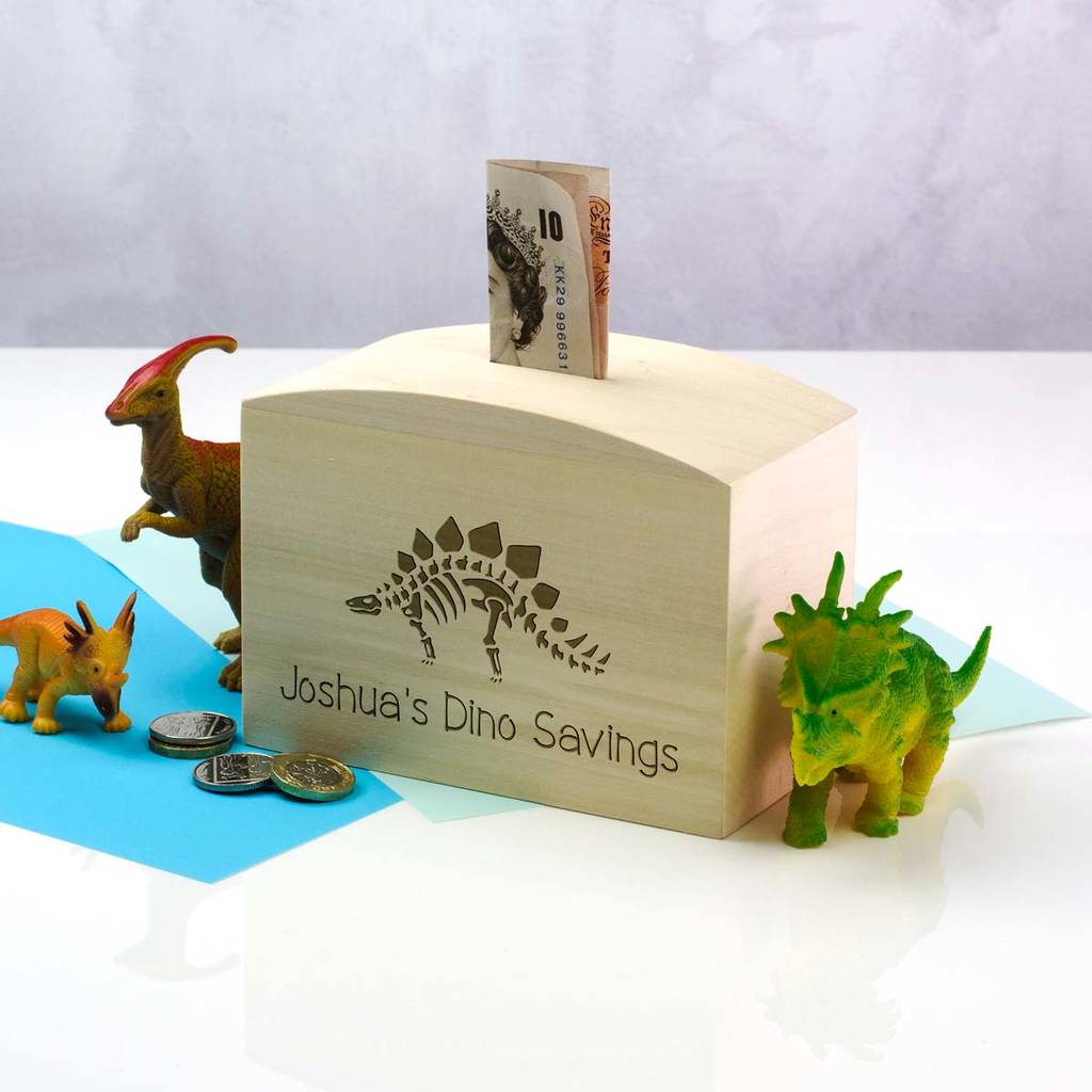 Personalised Dinosaur Wood Money Box By Mirrorin