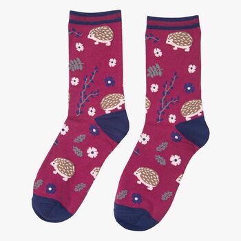Woodland Hedgehogs Women's Bamboo Ankle Socks Burgundy, 3 of 3