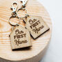 Our First Home Engraved Wooden Oak Keyring Set, thumbnail 5 of 7