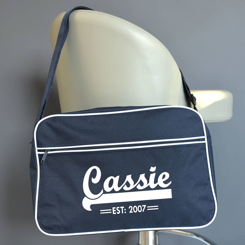 Personalised French Navy Retro Shoulder Bag With Name By A Type Of